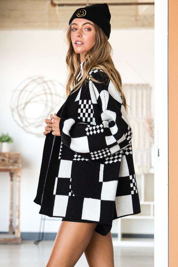 Block Check Open Knit Cardigan