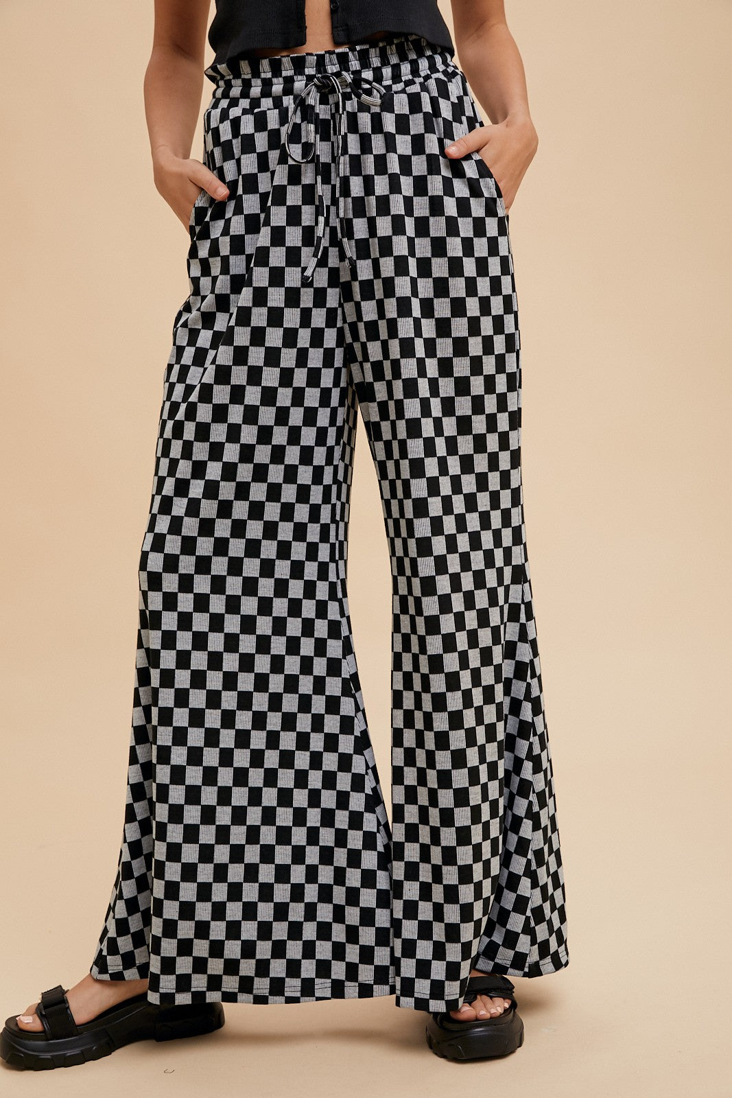 Checkerboard Wide Leg Knit Palazzo Pants
