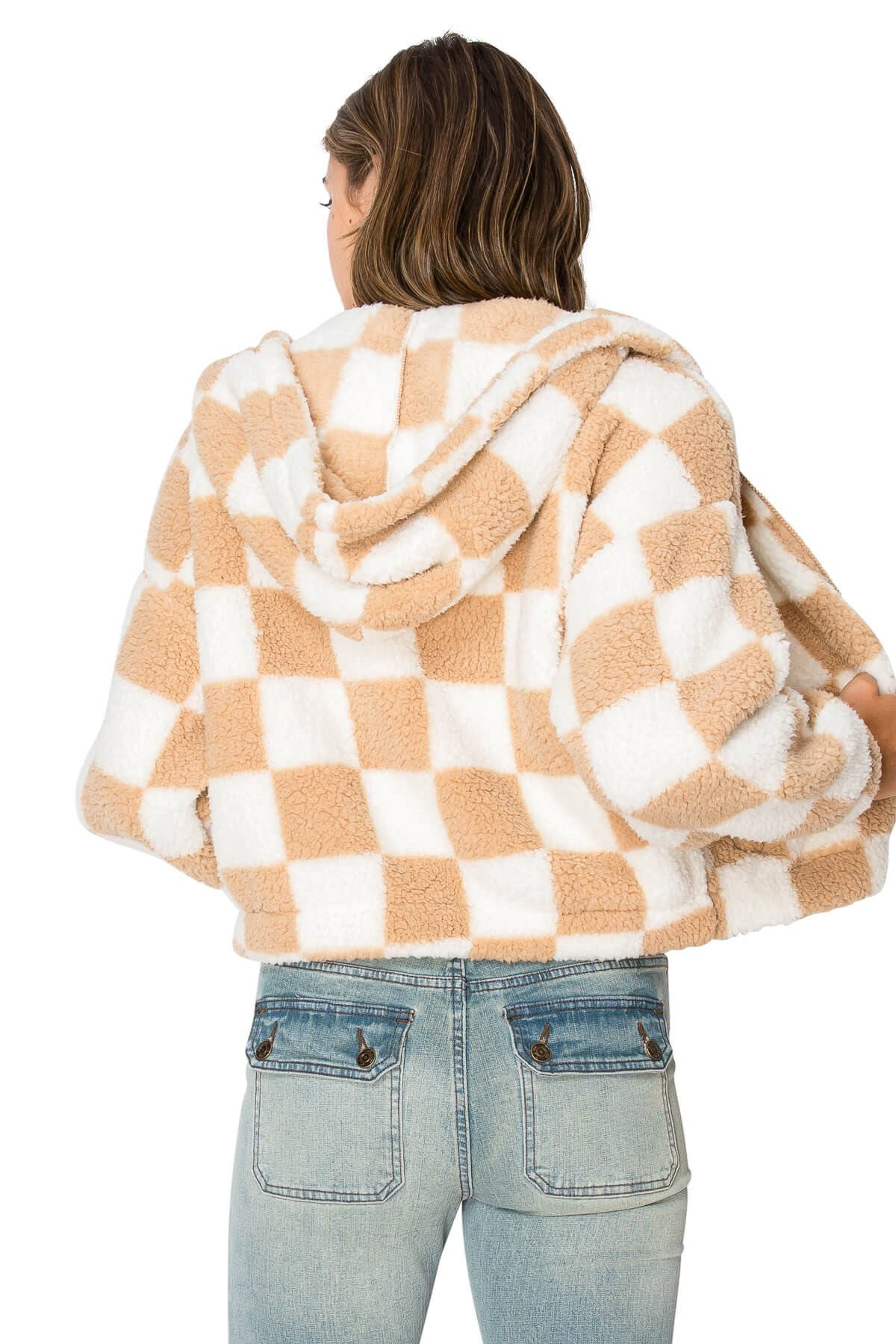 Checkered Flag Sherpa Jacket Tan