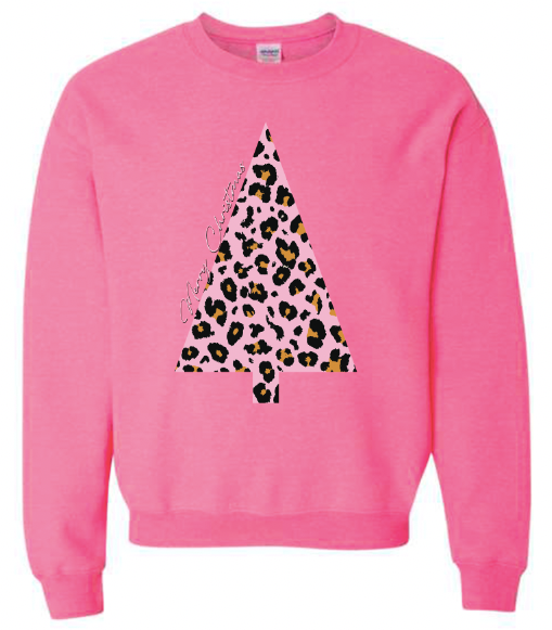 Pink Leopard Christmas Tree Crewneck