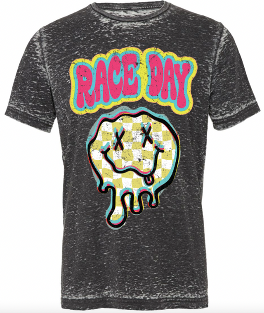 Race Day Band Smiley Acid Wash Tee